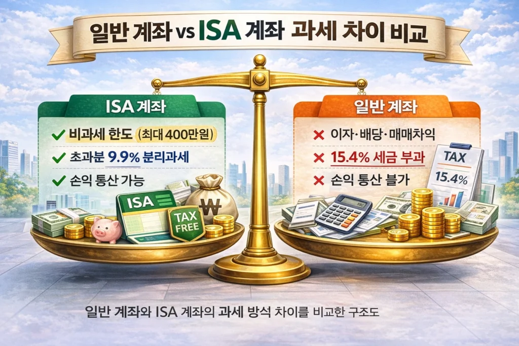 일반 계좌와 ISA 계좌 세금 구조 비교 도표