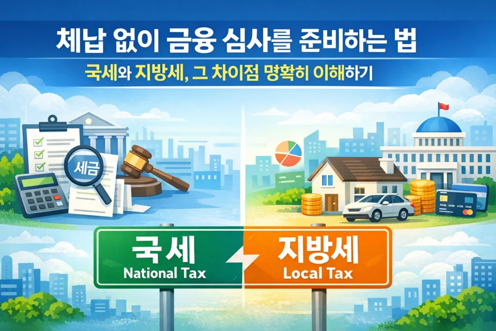 국세완납증명서와 지방세 납세증명서 차이를 설명하는 행정·금융 구조 인포그래픽 대표이미지