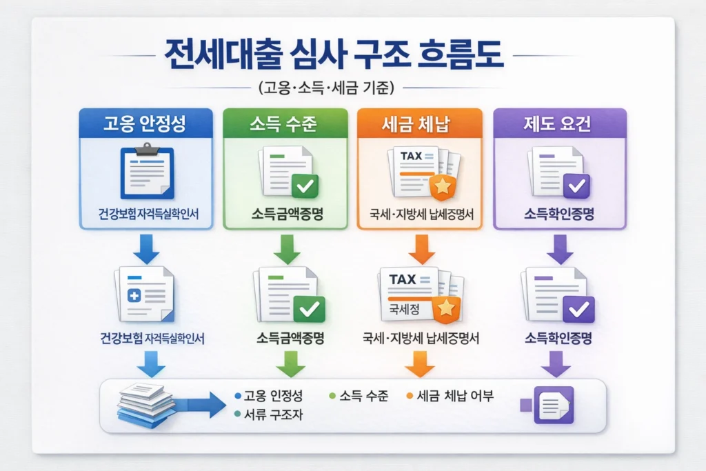 전세대출 심사에서 고용 안정성, 소득 수준, 세금 체납 여부를 확인하는 구조를 설명한 흐름도