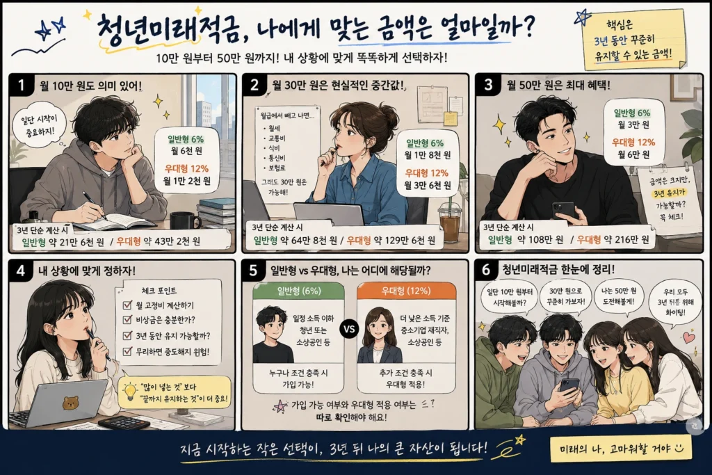 청년들이 청년미래적금 월 10만 원, 30만 원, 50만 원 납입액을 비교하며 일반형 6퍼센트와 우대형 12퍼센트 정부기여금, 유지 가능 금액, 가입 유형을 확인하는 6컷 웹툰 이미지