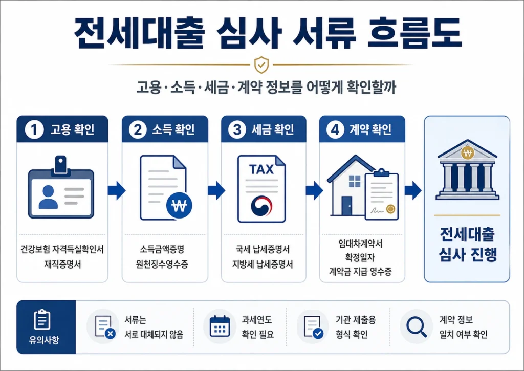 전세대출 심사에서 고용 소득 세금 임대차계약 정보를 확인하는 흐름도