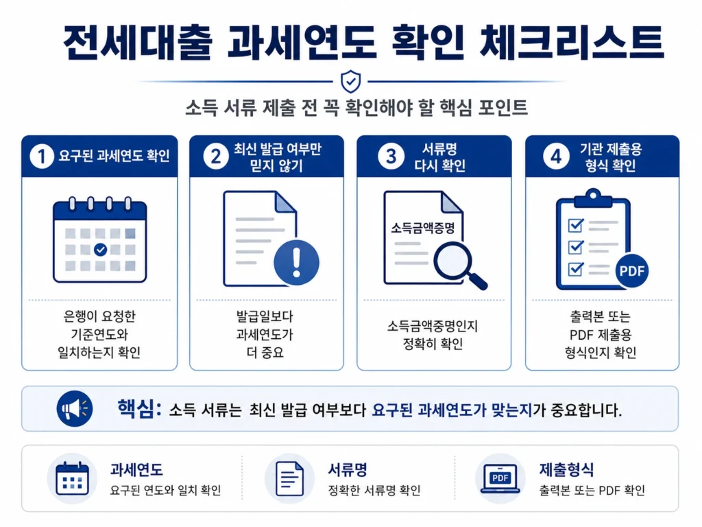 전세대출 소득 서류 제출 전 과세연도 오류를 확인하는 체크리스트 이미지