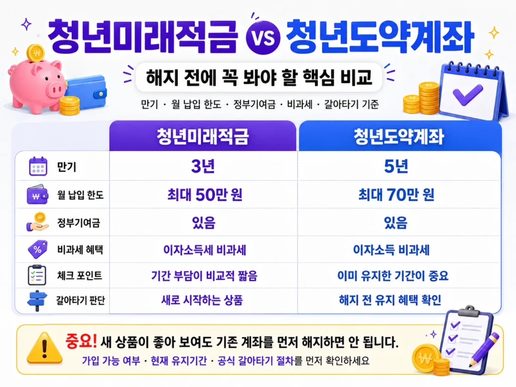 청년미래적금과 청년도약계좌의 만기 월 납입 한도 정부기여금 비과세 갈아타기 기준을 비교한 표 이미지